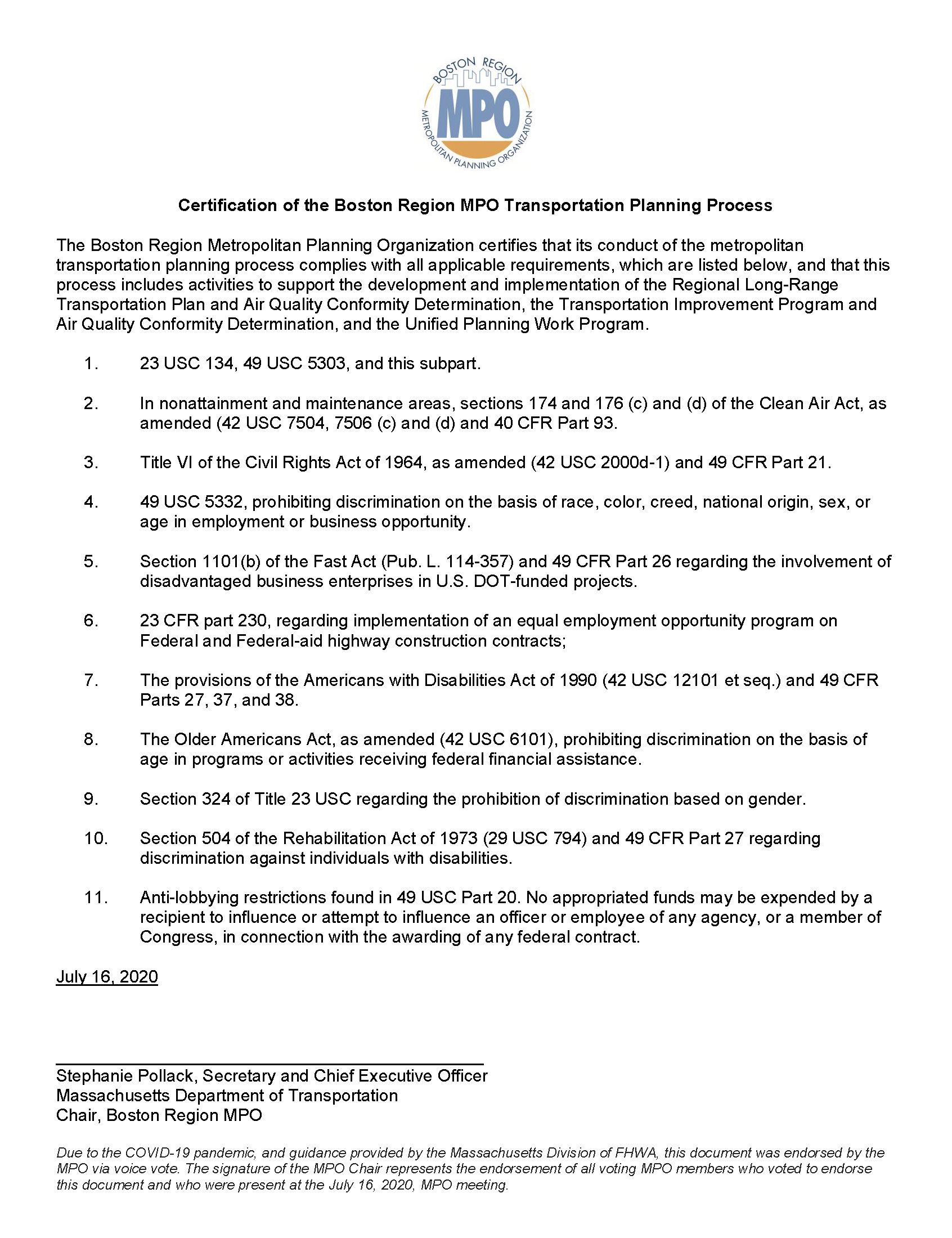 Certification of the Boston Region MPO Transportation Plannning Process, Page 1 of 1.